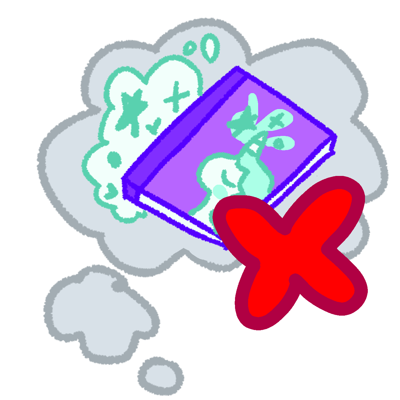 a grey thought bubble having a purple book with a white unicorn having a mint mane surrounded by white clouds filled with stars inside. In front of the thought bubble is a red X